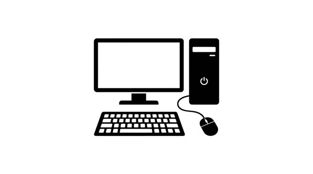 Minimalist black and white icon of a desktop computer system.