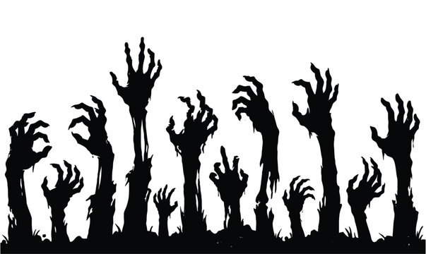 Creepy zombie hands rising from the ground silhouette Halloween vector illustration