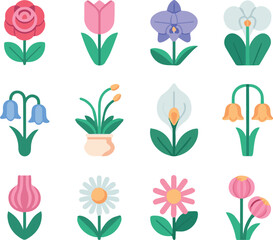 different kinds of Flower flat icon set isolated on white. Various flowers in a vase including rose, tulip, orchid, Espatifilo, bells flowers, Bellis perennis, bulb flowers © MDKHURSHED