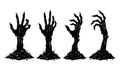 Creepy zombie hands rising from the ground silhouette Halloween vector illustration © Avartde