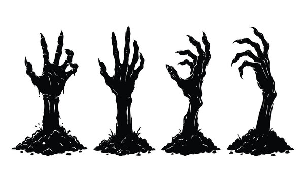 Creepy zombie hands rising from the ground silhouette Halloween vector illustration