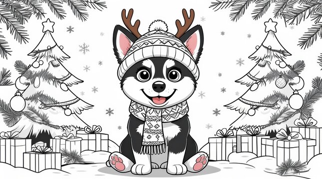 Cute husky puppy wearing a winter hat and scarf for christmas