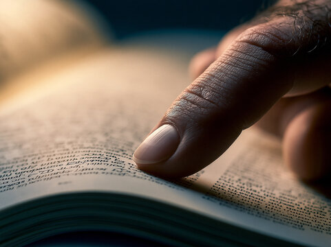 Close-Up of Finger Tracing Text on Open Book Page - Perfect for Learning, Education, and Knowledge Retention Concepts