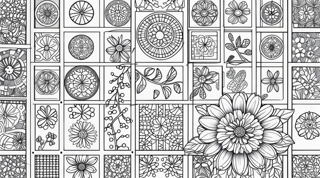 Black and white floral patterns collection for adult coloring book