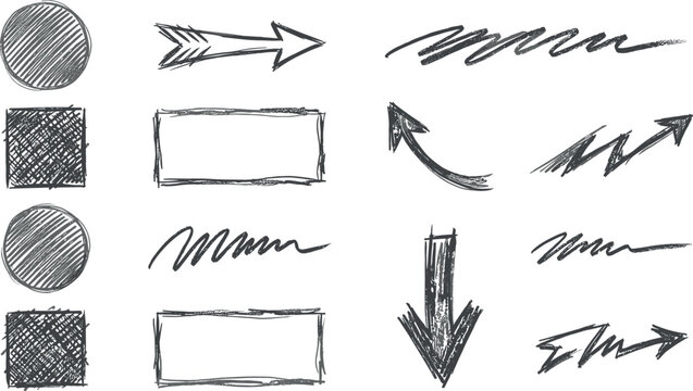 Hand drawn sketch arrow and geometric shape vector set featuring pencil scribble circles squares rectangles borders and underlines isolated on white background
