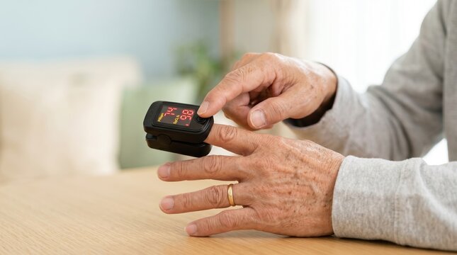 Elderly person using a fingertip pulse oximeter at home. Senior hands holding portable heart rate and oxygen monitor. Health tracking concept