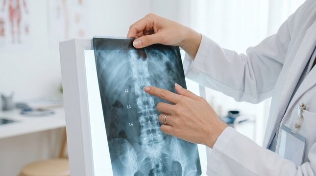 Doctor pointing to lumbar spine x-ray film on light box. Medical professional analyzing spinal radiograph for osteoporosis diagnosis. Orthopedic healthcare concept