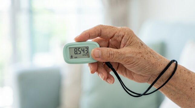 Close up of an elderly hand holding a digital pedometer showing step count. Senior fitness and active healthy aging concept