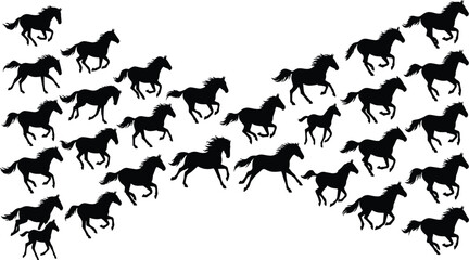 Black silhouette collection of many wild horses running together in a dynamic stampede pattern © Mst jesmin