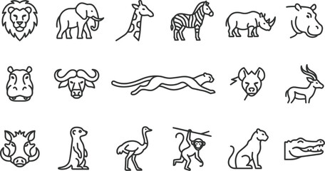 Professional vector illustration set featuring various wild african animals designed with clean minimalist black line art styles suitable for creative projects requiring modern animal icons and nature © Saif