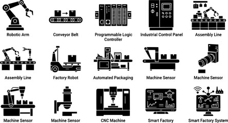 Obraz premium Collection of smart factory and industrial automation icons featuring black glyph silhouettes of robotic arm conveyor belt programmable logic controller industrial control panel assembly line factory 