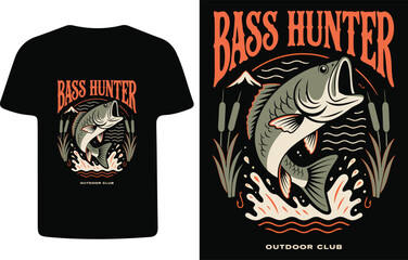 Bass hunter illustration with cattails and water splashes vintage style ©  Designer Abdullah 