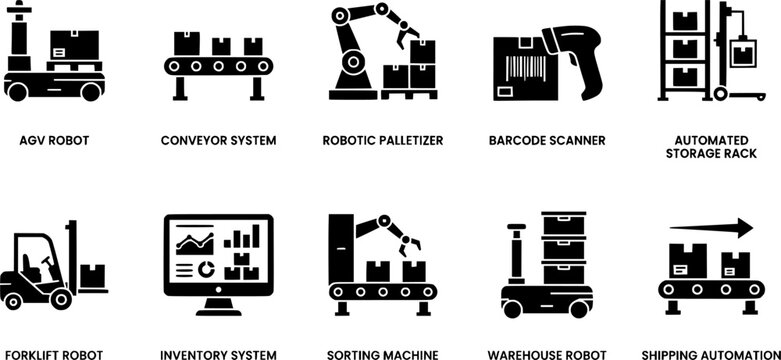Collection of warehouse automation and smart logistics icons featuring black glyph silhouettes of agv robot conveyor system robotic palletizer barcode scanner automated storage rack forklift robot 