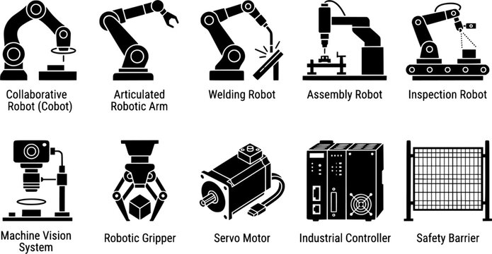 Collection of industrial robot and factory automation icons featuring black glyph silhouettes of collaborative cobot articulated robotic arm welding assembly inspection machine vision system 