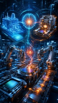Vertical Futuristic digital art showing an AI brain controlling robotic arms in a semiconductor plant, with holographic blueprints and glowing neural networks for advanced manufacturing and Industry 4