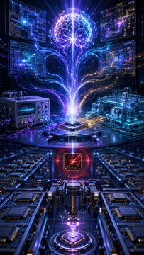 Vertical Futuristic digital rendering of an AI neural network with a glowing brain connected to a central processor, visualizing data flow on circuit schematics and semiconductor manufacturing.
