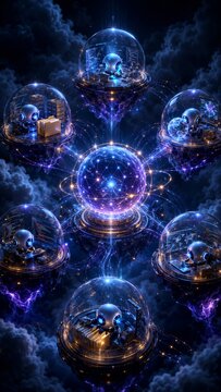 Vertical Futuristic digital art of a central AI network connecting robot pods managing big data, coding software, and analyzing global information, representing decentralized business intelligence.