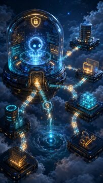Vertical Futuristic 3D digital art of a central AI core processing encrypted data streams connecting to decentralized blockchain services above a cloud vortex for a cybersecurity concept.