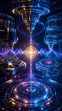 Vertical Futuristic digital rendering of a quantum computer core emitting energy between physical hardware and a wireframe schematic, visualizing advanced semiconductor fabrication.