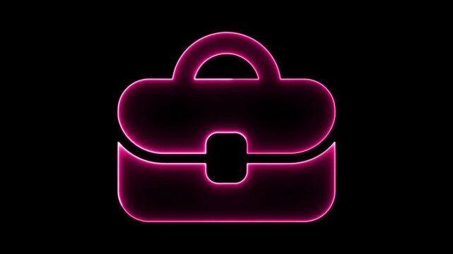 Neon briefcase icon. Glowing pink business bag symbol for digital interface.