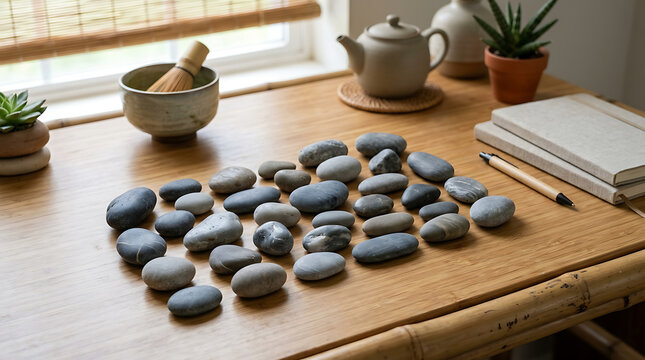 Arrangement of polished river stones on a wooden desk with tea set and window in background