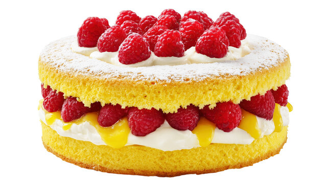 Delicious gourmet raspberry sponge cake with cream filling isolated on white for bakery menu.

