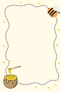 Bee and honey border background with copy space. Cute honey frame template with bee illustration. Honey themed vertical background with blank space