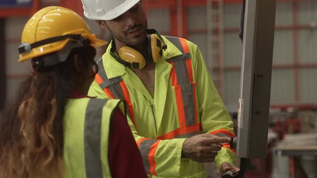 Professional engineers, supervisors and factory workers collaborate on the production floor while reviewing manufacturing operations with digital tablets. Diverse industrial workforce demonstrating te