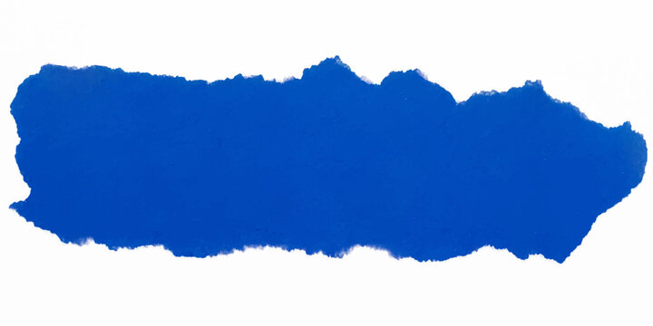 Horizontal blue ripped paper banner strip with highly uneven jagged torn edges isolated on white background