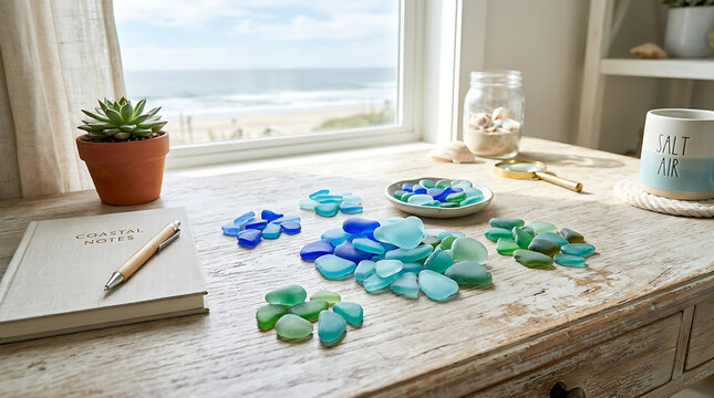 Assortment of smooth sea glass pieces scattered across a wooden desk with a beach view