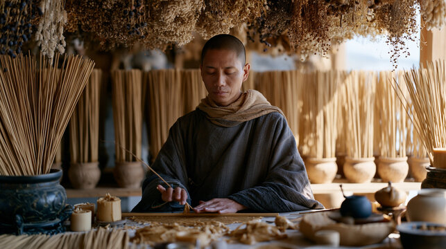 Incense crafter at a cluttered workshop table hand-rolling bamboo sticks in fragrant resin paste, rows of drying incense standing in clay pots, dried botanicals hung overhead,
