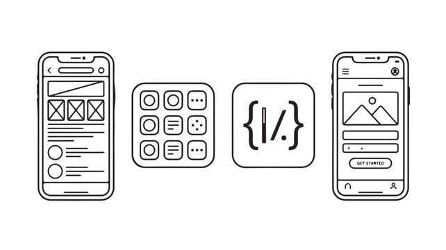 Black line icons for mobile app design and coding development on white background for web interface
