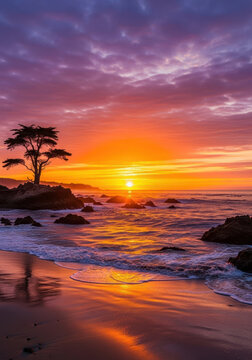 Beautiful sunset over the ocean with a lone tree on rocks