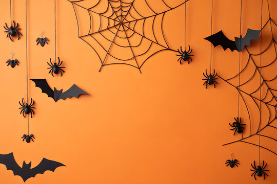 Spooky Halloween background with orange wall featuring hanging black bats spiders and spider webs for festive party invitations posters and web design