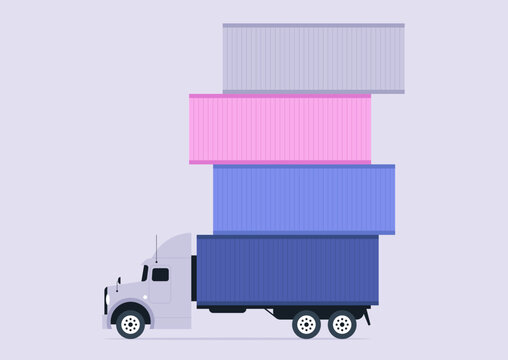A funny container truck proudly displays a towering stack of five vibrant shipping containers, showcasing colors of pink, blue, grey, The scene captures the efficiency of logistics operations