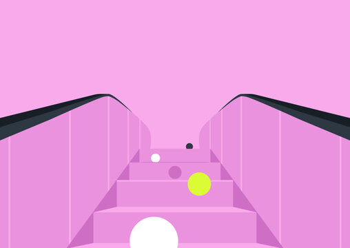 Brightly colored dots are placed strategically along a sleek escalator, leading upward in a whimsical yet stylish design that invites exploration and inspiration, perfect for any creative project.