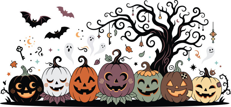A festive halloween illustration featuring a row of colorful carved jack o lanterns standing beneath a spooky bare black tree