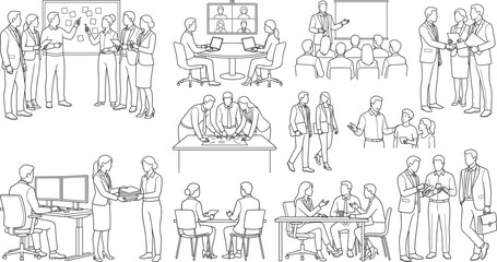 Obraz premium Business Team Collaboration Line Art Collection with Office Meetings Training and Corporate Communication
