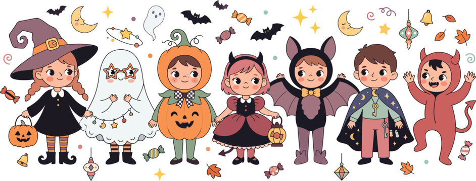 Cute group of diverse children wearing various halloween costumes including a witch ghost pumpkin bat vampire and little red devil