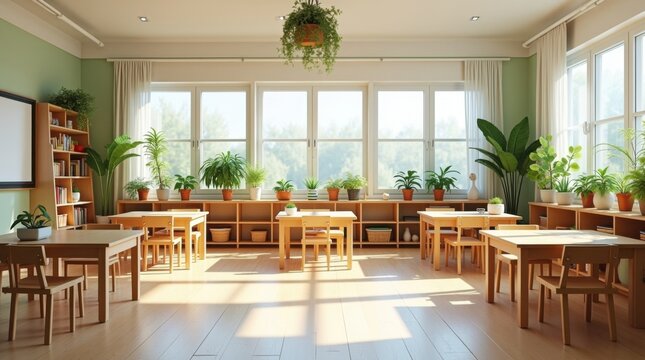 Aula de primaria luminosa con decoraci&oacute;n educativa inspirada en la naturaleza