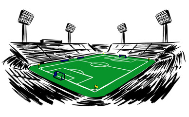 Sketch illustration of a soccer stadium with grandstands and floodlights for sports club posters and apparel design © Hammam