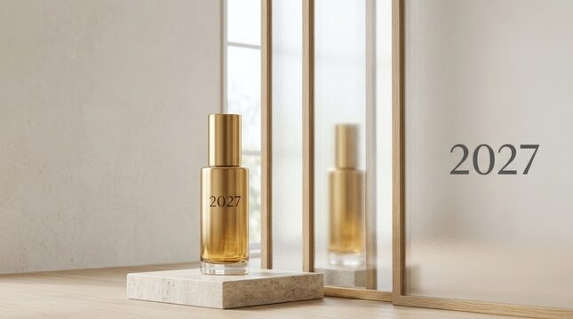 Elegant perfume bottle mockup with 2027 branding luxurious scent presentation for future collections