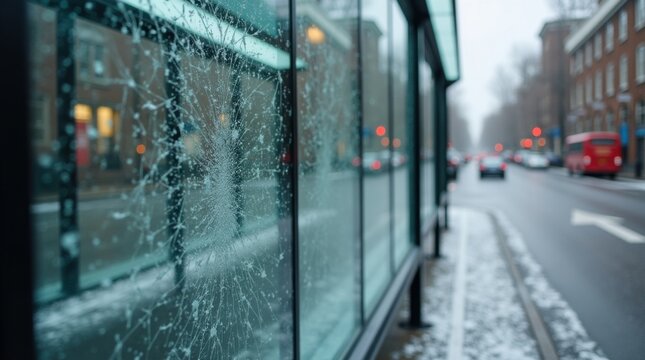 Primer plano de vidrio de seguridad destrozado en una marquesina de autob&uacute;s moderna tras una granizada