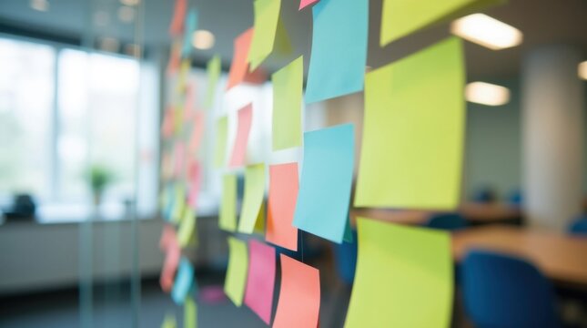 Primer plano de notas adhesivas coloridas en blanco y rotuladores sobre una pared de cristal para lluvia de ideas en un aula contempor&aacute;nea