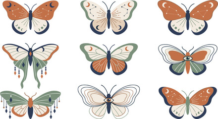 Mystical boho butterfly and moth vector set featuring celestial crescent moon star constellations and magic eye symbols isolated on white background © Mdjony