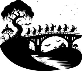 Fototapeta premium Spooky Halloween silhouette landscape with ghosts walking on a bridge vector