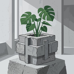 Minimalist Monstera plant in geometric brutalist stone planter within modern concrete interior architectural space featuring high contrast sharp shadows © Kris