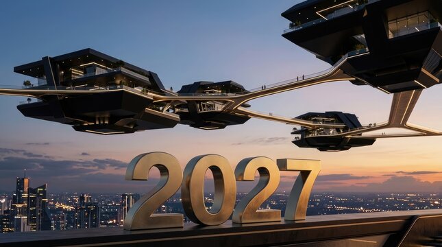 Futuristic cityscape in 2027 floating architecture and urban development concepts for tomorrow's world