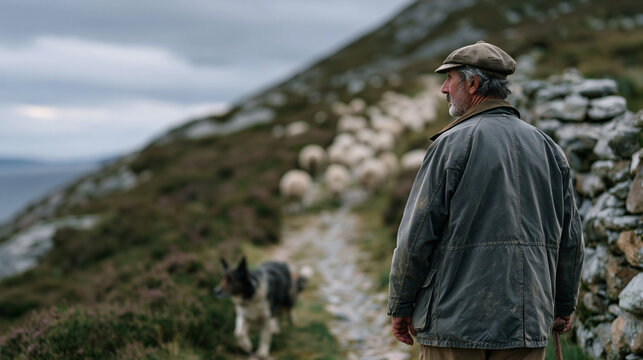 A Scottish highland shepherd in a weathered wax jacket guides a small flock along a stone wall track at midday under a heavy overcast sky, a working sheepdog moving low and alert
