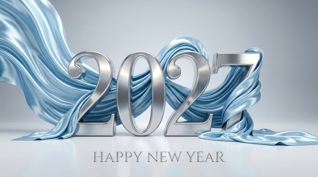 Elegant 2027 new year celebration silver numbers with flowing blue silk fabric background
